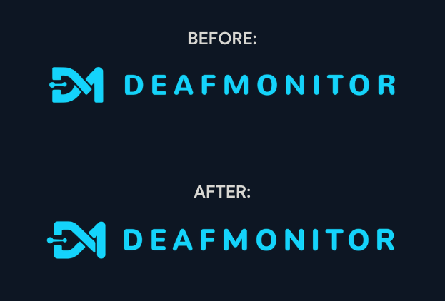 Before and after comparison of the DeafMonitor logo, showing the original AI-generated version above and the refined, geometry-aligned version below